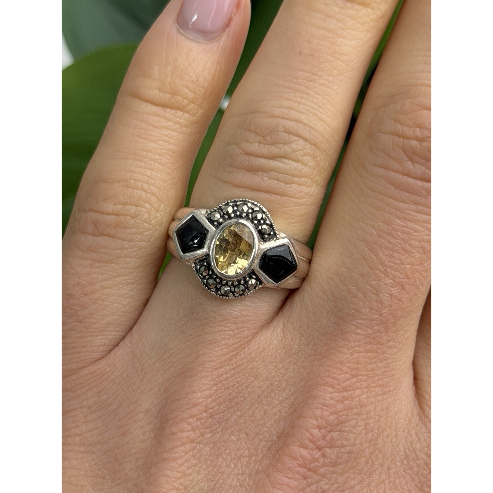 925 Sterling Silver Citrine Onyx Marcasite Ring Size 7 164$